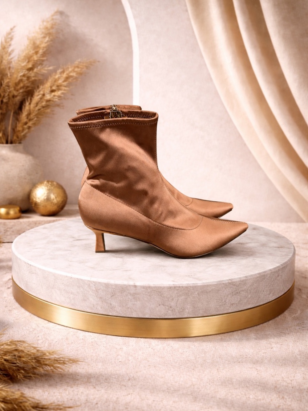 Unisa Women's Satin Pointed-Toe Kitten Heel Ankle Boots - Satin Brown Size 10
